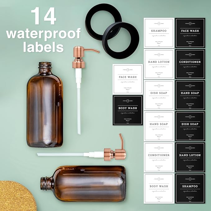 Vine Creations Amber Glass Soap Dispenser, 2 Pack Kitchen Soap Dispenser Set with Stainless Steel Pump, 16 oz Dish Soap and Hand Soap Dispensers for Bathroom with Waterproof Labels - Image 5