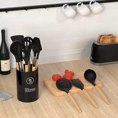 Silicone Cooking Utensils Set Utensil Sets - 446°F Heat Resistant Silicone Kitchen Utensils Set Wooden Handles, Silicone Utensils for Cooking w Holder for Non-Stick Cookware BPA FREE (Black) - Image 4