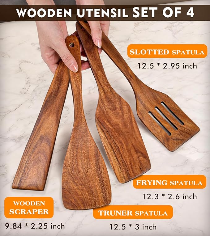 4Pcs Wooden Spatula for Cooking, Acacia Wooden Spatula for Kitchen Use, Nonstick Cookware Safe Utensils Set including Turner, Slotted Turner, Paddle and Scraper, Ideal Cooking Utensils Gift Set - Image 2