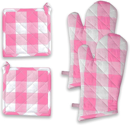 Buffalo Plaid Check Oven Mitts and Pot Holders Set, 100% Cotton, Heat Resistant, 2 Oven Gloves (7x13 Inches) and 2 Hot Pads (8x8 Inches) for Cooking and Baking, Rose Pink White