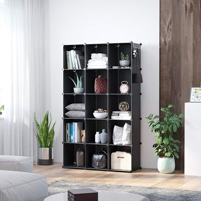 C&AHOME Cube Storage Organizer, 16-Cube Shelves Units, Plastic Storage Cubes, DIY Closet Organizer, Modular Closet Storage Shelves Ideal for Home, Bedroom, 48.4" L × 12.4" W × 48.4" H Black SUM3016H - Image 5