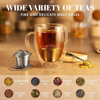 Tea Infuser Set of 2 with Tea Scoop & Drip Trays - 304 Stainless Steel Ultra Fine Mesh Loose Leaf Tea Strainer, Reusable Tea Steeper Basket for Rooibos, Green, Black, Herbal & Oolong Tea, etc