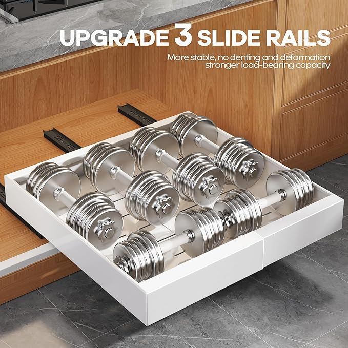 Seinloes 1 Pack Expandable Pull Out Cabinet Organizer 21" Deep with Raising Pad for Framed Cabinets,Upgrade 3 Slide Rails Slide Out Drawers,Roll Out Shelves Adhesive,Adjustable Width 12.05"-20.4"White - Image 5
