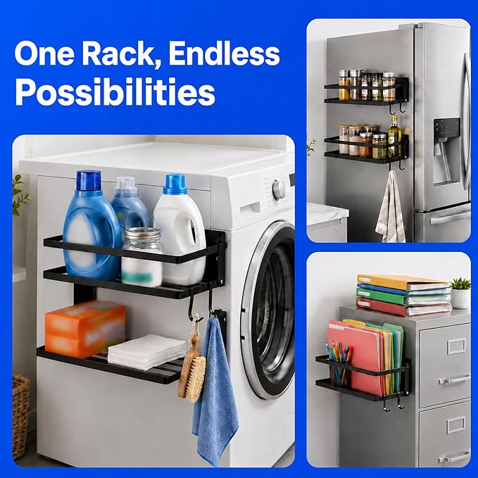 Magnetic Shelf for Washer Dryer, Foldable 2 Tier Metal Organizer Rack with Hooks, No Drill Laundry Room Side Storage, Magnetic Fridge Shelf for Refrigerator, Cabinet, Locker, RV