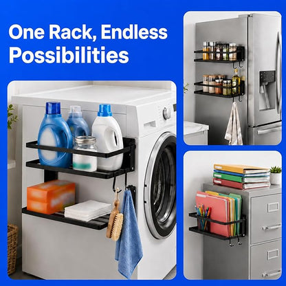 Magnetic Shelf for Washer Dryer, Foldable 2 Tier Metal Organizer Rack with Hooks, No Drill Laundry Room Side Storage, Magnetic Fridge Shelf for Refrigerator, Cabinet, Locker, RV