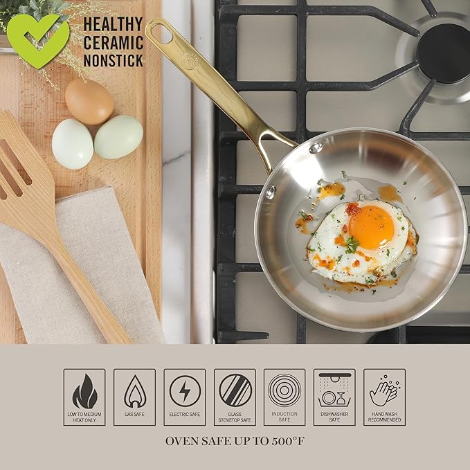 Martha Stewart Castelle 8-Inch Stainless Steel Frying Pan with Gold-Tone Handle – Tri-Ply Encapsulated Bottom, Oven Safe & Induction Safe Skillet for Searing and Sautéing - Image 6