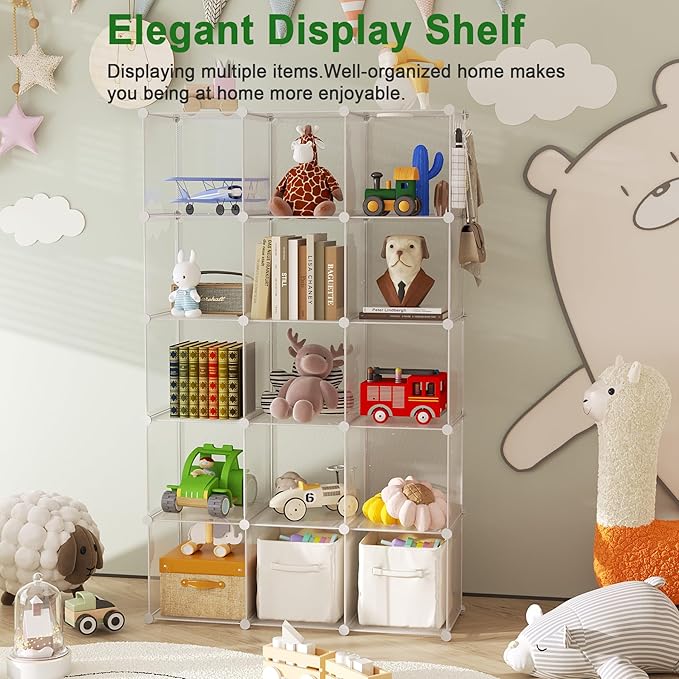 C&AHOME Cube Storage Organizer, 16-Cube Shelves Units, Plastic Storage Cubes, DIY Closet Organizer, Modular Closet Storage Shelf Ideal for Home, 48.4" L × 12.4" W × 48.4" H Transparent Twill UPCS16T - Image 5