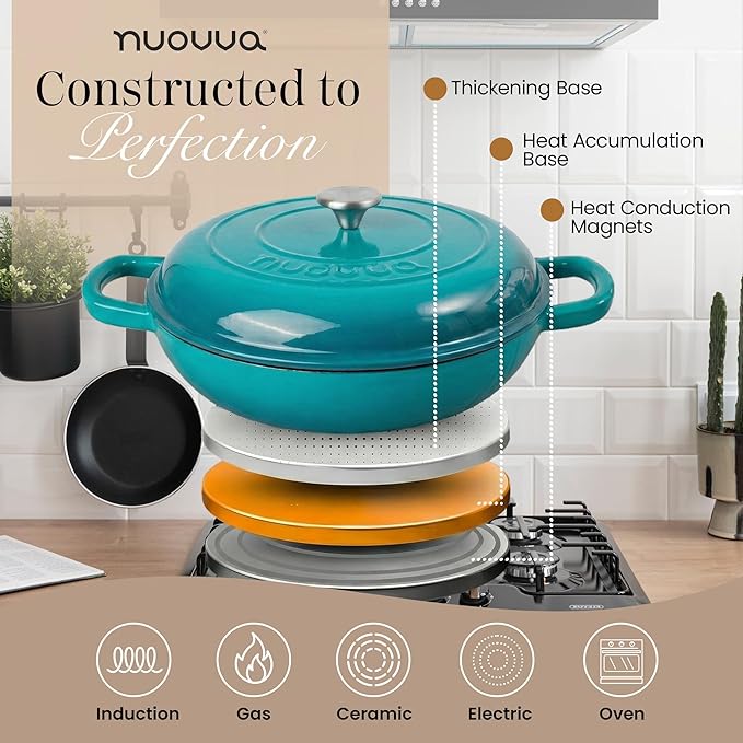 Shallow Cast Iron Casserole with Lid – Non Stick Dutch Oven Pot, Oven Safe up to 500° F – Sturdy Ovenproof Stockpot Cookware – Enamelled Cooking Pot – Teal, 5-Quart, 32cm – by Nuovva