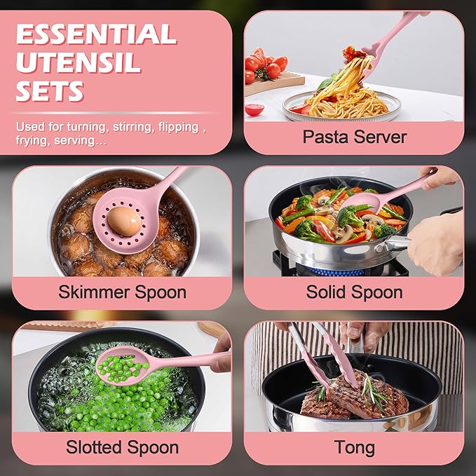 Homikit 15-Piece Kitchen Utensil Set, Silicone Cooking Utensils Spatula Set with Holder for Nonstick Cookware, Heat Resistant Kitchen Tools Gadgets for Cooking and Baking-Pink - Image 5