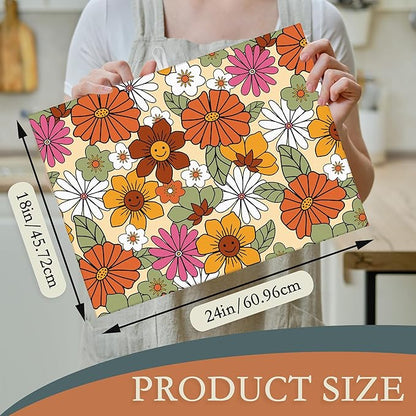 Retro 70s Groovy Flowers Dish Drying Mats 18x24 Inch,Daisy Boho Dish Pad Drying Rack Mat for Kitchen Counter Ultra Absorbent Microfiber Dishware Coffee Maker Bar Countertop Decor