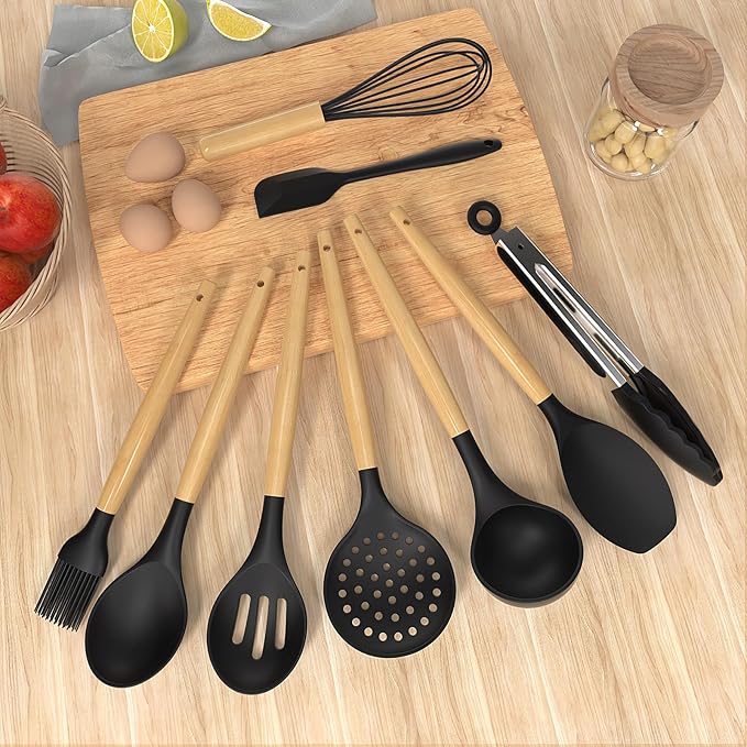 Silicone Cooking Utensils Set Utensil Sets - 446°F Heat Resistant Silicone Kitchen Utensils Set Wooden Handles, Silicone Utensils for Cooking w Holder for Non-Stick Cookware BPA FREE (Black) - Image 6