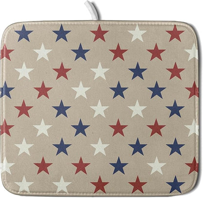 Patriotic July of 4th Blue Red White Star Dish Drying Mat for Kitchen Counter 16x18 Independence Day Absorbent Reversible Microfiber Drying Mats Kitchen Countertop Protector Dishes Drainer Rack Pad by Aytipun