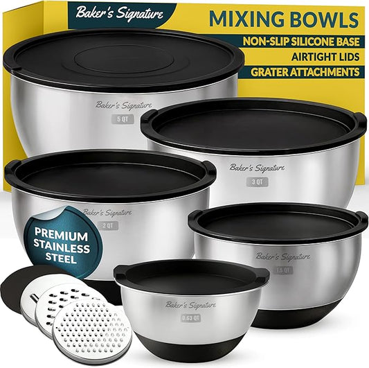 Baker's Signature Stainless Steel Mixing Bowls with Lids Set, 5 Sizes, 3 Graters, Non-Slip Base, Airtight Lids, Metal Mixing Bowls for Kitchen, Food Prep, Storage, 0.63QT-5QT, Black by BakersSignature