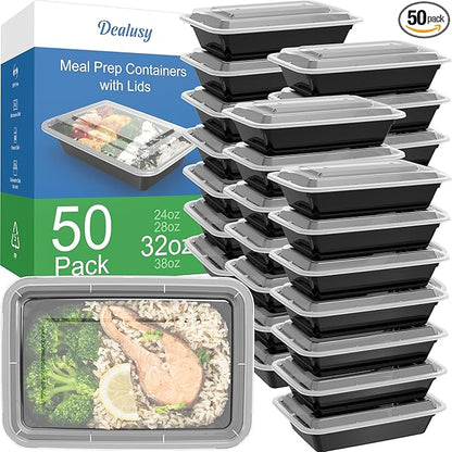 Dealusy 50 Pack (100-Piece) 32 oz Meal Prep Containers Reusable with Lids, Sturdy Leakproof & Food Safe, Microwave, Freezer, Dishwasher Safe Prep Containers, To Go Take Out Plastic Food Storage by Dealusy