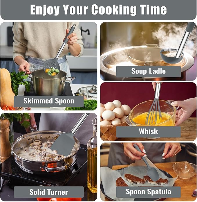E-far 14 Pieces Silicone Cooking Utensils Set, Kitchen Utensils Set with Holder, Spatula, Ladle, Spoon, Tong, Slotted Turner for Nonstick Cookware, 446°F Heat Resistant & Stainless Steel Handle, Gray - Image 5
