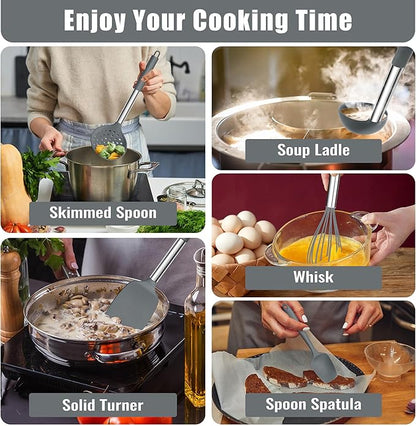 E-far 14 Pieces Silicone Cooking Utensils Set, Kitchen Utensils Set with Holder, Spatula, Ladle, Spoon, Tong, Slotted Turner for Nonstick Cookware, 446°F Heat Resistant & Stainless Steel Handle, Gray - Image 5