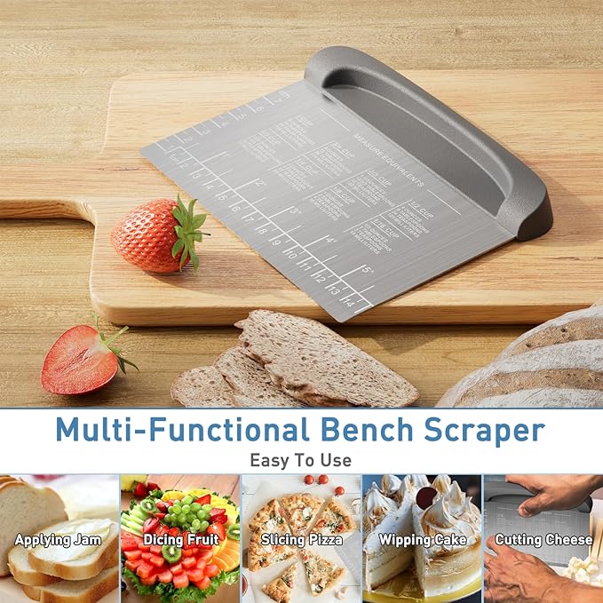 2 IN 1 Upgrade Bench Scraper, Dough Scraper for Pastry Bread Cake Pizza, Stainless Steel Dough Cutter with Conversion Chart & Measuring Scale, Bowl Scraper Food Scraper for Kitchen Baking, Gray - Image 3
