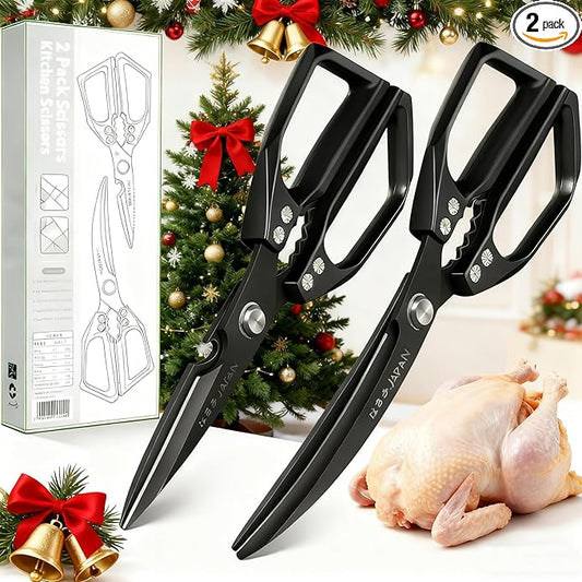 2-Piece Heavy Duty Kitchen Scissors Professional Stainless Steel Meat & Poultry Shears for Cutting Chicken Bones with Ergonomic Comfort Grip, Dishwasher Safe Cooking Scissors for Kitchen & BBQ Black