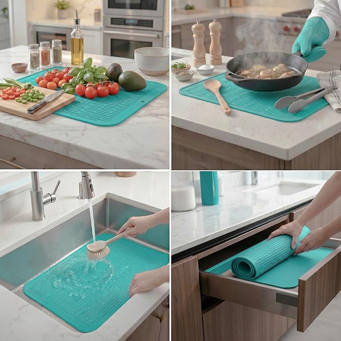 MicoYang Silicone Dish Drying Mat for Multiple Usage,Easy clean,Eco-friendly,Heat-resistant Silicone Mat for Kitchen Counter or Sink,Refrigerator or Drawer Liner Mint 2XL 24 inches x 18 inches - Image 3