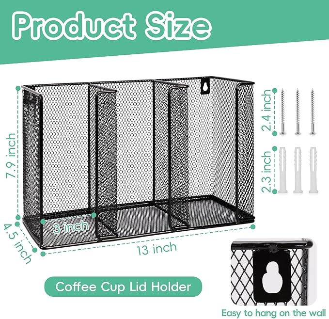 Wall Mount Coffee Cup Lid Holder Organizer 3 Compartments Coffee Cup Lid Dispenser Black Metal Mesh Disposable Cup and Lid Storage for 8-24 Oz Capacity Cup Lid Kitchen Restaurant Coffee Bar Office - Image 2