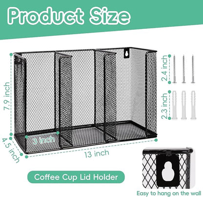 Wall Mount Coffee Cup Lid Holder Organizer 3 Compartments Coffee Cup Lid Dispenser Black Metal Mesh Disposable Cup and Lid Storage for 8-24 Oz Capacity Cup Lid Kitchen Restaurant Coffee Bar Office - Image 2