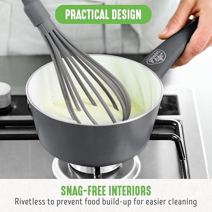 GreenLife 16 Piece Nonstick Cookware Set, Soft Grip Non-Toxic PFAS-Free Ceramic Pots & Pans, Dishwasher & Oven Safe, Frying, Sauce, Saute, Utensils, Glass Lids, Stay-Cool Handles, Wobble Free, Gray - Image 8