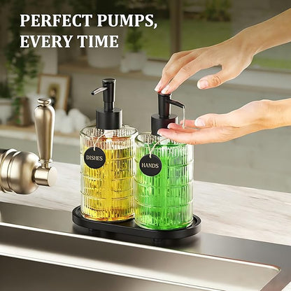 MASADI Soap Dispenser Set with Bamboo Tray, Dish and Hand Soap Lotion Dispenser Set with Wooden Pump for Kitchen and Bathroom Decor for Counter, Modern Vintage Liquid Soap Dispensers (Clear&Black) - Image 6