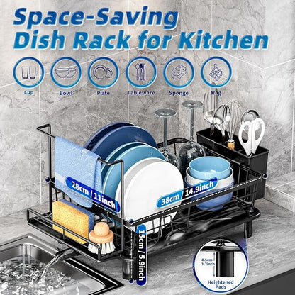 Dish Drying Rack, Stainless Steel-Dish Rack, Dish Racks for Kitchen Counter, Kitchen Dish Drainers with Removable Utensil Holder,New drain outlet,Plate Rack and Drainboard,(Black2 with Sponge Rack ) - Image 6