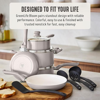 GreenLife 16-Piece Nonstick Cookware Set, Non-Toxic Ceramic Pots and Pans Set, Durable Healthy Kitchen Essentials, Fast Heating, Induction Ready, Easy Clean Dishwasher Safe, PFAS-Free, Light Gray