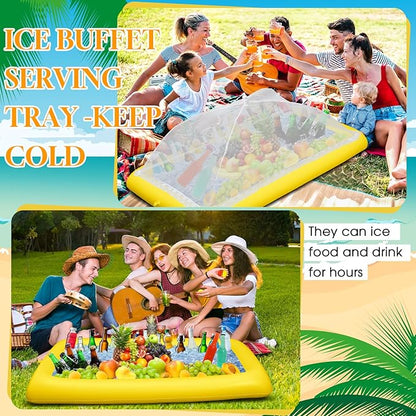 Leitee 3 Pcs Inflatable Serving Bar Kit Includes Salad Buffet Tray with Drain Plug Mesh Food Cover Food Drink Containers and Inflator for Ice Supplies Halloween Party Camping Picnic(Yellow)