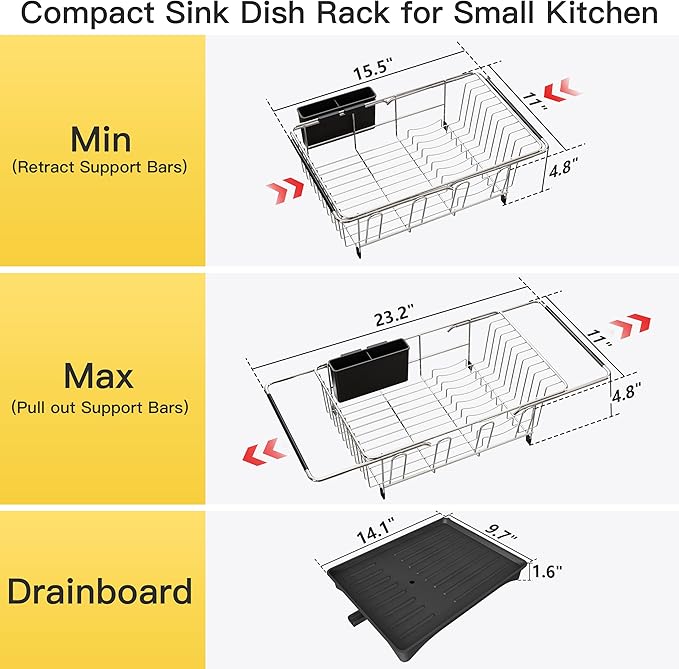 JASIWAY Dish Drying Rack in Sink, Expandable Stainless Steel Dish Drainers with Drainboard for Kitchen Counter, Space Saving Dish Dryer Rack, Over The Sink Dish Racks with Utensil Holder, Sliver - Image 4
