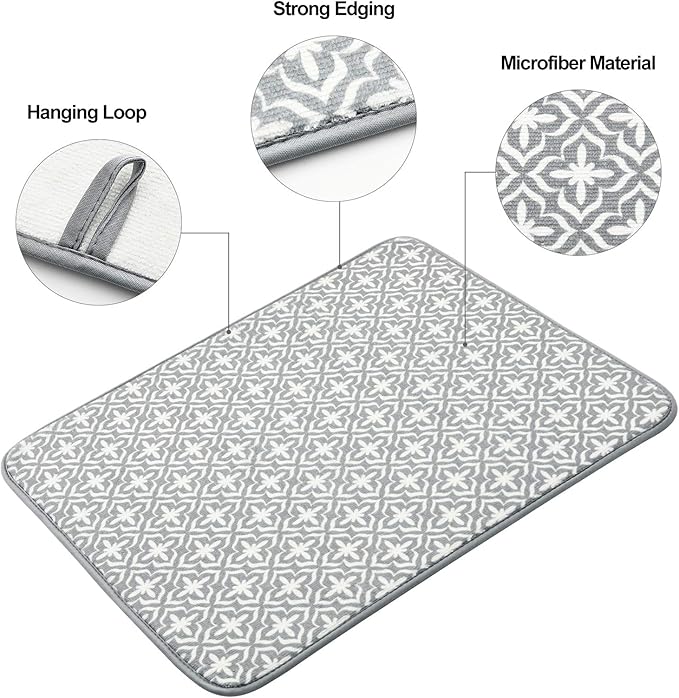 SUBEKYU Dish Drying Mats for Kitchen Counter, Microfiber Absorbent Dish Drainer/Rack Pads for Sink, 19.5*15.8 inch, Set of 2, Grey, leaf - Image 4
