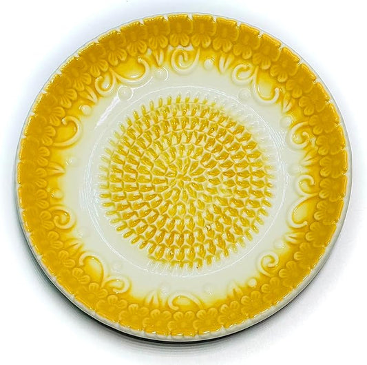 BonCera, All-in-one Premium Ceramic Garlic Grater Plate 4-Piece Set - Yellow Embossed Design and Style - For Garlic, Ginger, Chocolate, and more! - Comes with 5.25" Plate, Peeler, Brush, and Stand