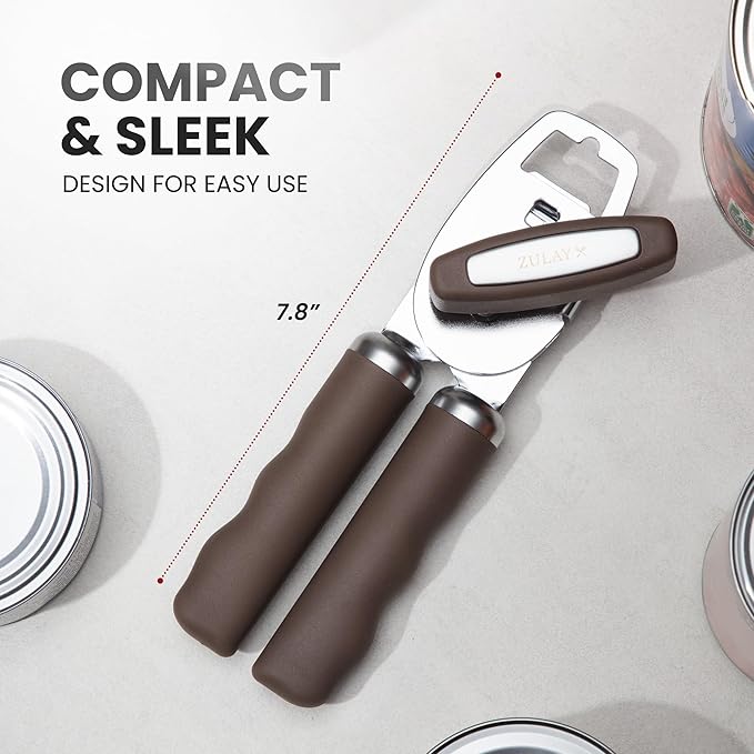 Zulay Kitchen Heavy Duty Stainless Steel Can Opener Manual with Bottle Opener - Rust Proof Manual Can Opener With Turn Knob & Comfy Soft Grip Handles - Brown - Image 2
