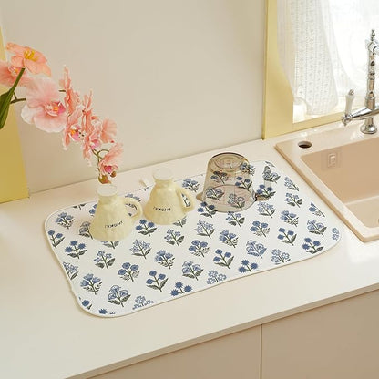 Block Print Dish Drying Mat 18x24 Inches For Kitchen Counter Boho Blue Flower Kitchen Decoration Drying Mat Modern Decorative Floral Drying Pad Mat for Home Kitchen Decor,Dining Room,Office