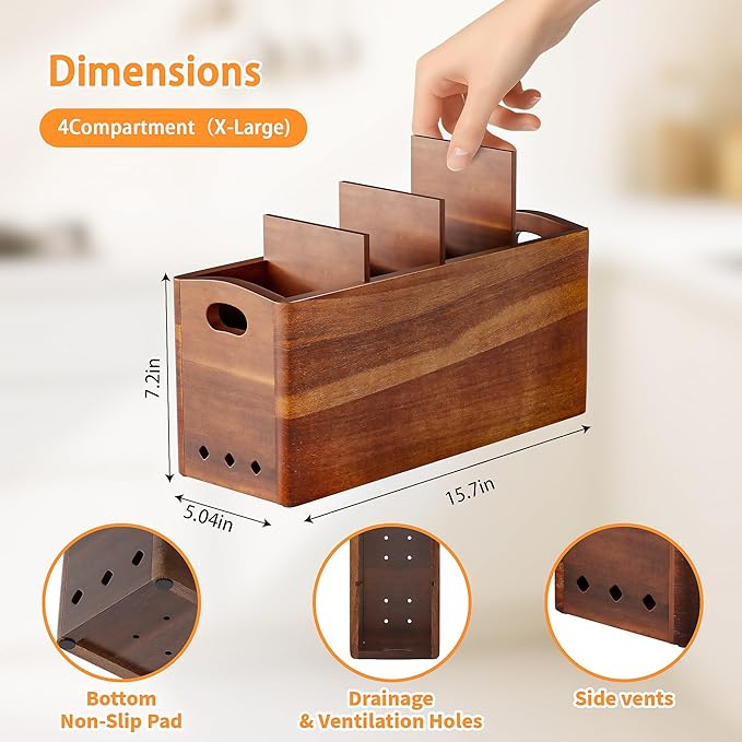 Natural Acacia Wood Utensil Holder for Kitchen Counter (X-Large), 4 Compartment with Removable Dividers 15.7"x7.2"x5.04", Extra Large Cooking Utensil Organizer - Anti-Scratch Bottom - Image 4