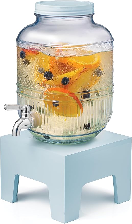 Beverage Dispenser 1 Gallon, Glass Drink Dispenser with Wooden Base Stand, Wide Mouth Jar for Lemonade, Iced Tea, Infused Water, Vintage Kitchen Decor - Blue