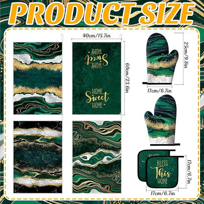 Leinuosen 8 Pcs Kitchen Towels and Dishcloths Sets Oven Mitts and Pot Holders Sets Absorbent Kitchen Gloves Potholders Heat Resistant for Chef Baking Cooking (Green,Marble)