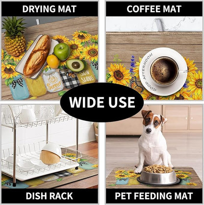 Sunflower Dish Drying Mat for Kitchen 18x24 Inch Counter Rustic Vintage Floral Vases Wood Grain Drying Mats Microfiber Absorbent Dishes Drying Pad Spring Summer Flowers Dish Drainer Rack Mat - Image 7