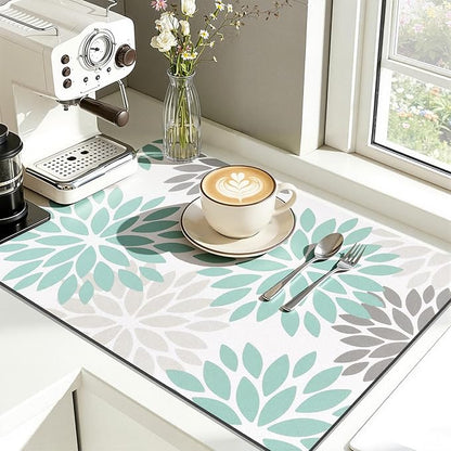 Findosom Floral Dish Drying Mat, 16" x 24" Super Absorbent & Hide Stain Coffee Mat, Cuttable Drying Mat for Kitchen Counter, Under Dish Rack, Coffee Maker, Espresso Machine, Teal