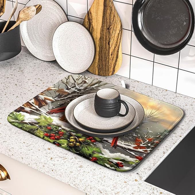 Winter Dish Drying Mat for Kitchen Counter 16x18 Inch Red Birds Cardinal Tree Christmas Theme Print Absorbent Reversible Microfiber Drying Mats Kitchen Countertop Protector Dishes Drainer Rack Pad - Image 5