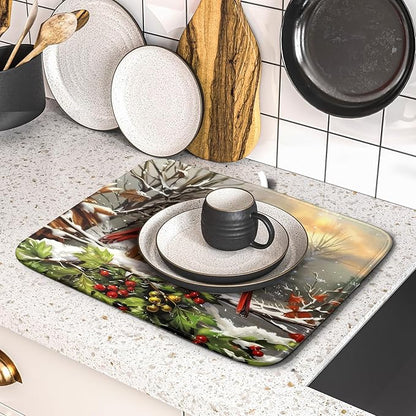 Winter Dish Drying Mat for Kitchen Counter 16x18 Inch Red Birds Cardinal Tree Christmas Theme Print Absorbent Reversible Microfiber Drying Mats Kitchen Countertop Protector Dishes Drainer Rack Pad - Image 5