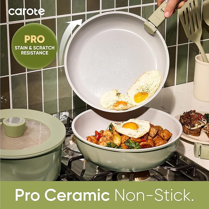 CAROTE 27pcs Ceramic Cookware Set Nonstick, Pots and Pans Set Non Stick, Non Toxic Cookware Detachable Handles, Dishwasher/Oven Safe, RV/Camping Cookware, Pan and Pot with Kitchen Utensils, Green - Image 3