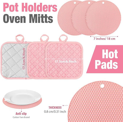 Sumind Pink Oven Mitts and Pot Holders 7 Sets, Heat Resistant Kitchen Gloves Pads Potholders for Mother Women Gifts Pot Holders Kitchen Accessories Gift(Pink,Rubber Cotton,Honeycomb) - Image 2