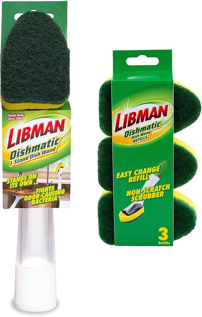Libman Dishmatic I-Stand Dish Wand Kit, Kitchen Cleaning Scrub Brush with Handle and Soap Dispenser for Scrubbing and Washing Dishes, Refillable Standing Dispensing Scrubber Brushes, 3 Sponge Refills by TheLibmanCompany