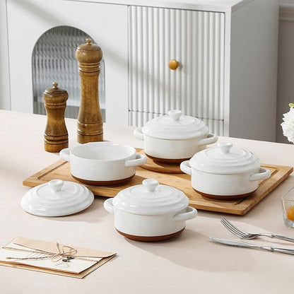 MALACASA Mini Cocotte Set - 12 OZ Small Casserole Dishes for Oven, Ramekins with Lids and Handles, Ceramic Mini Dutch Oven Set of 4, Microwave & Dishwasher Safe, Khaki White, Series TARA - Image 6