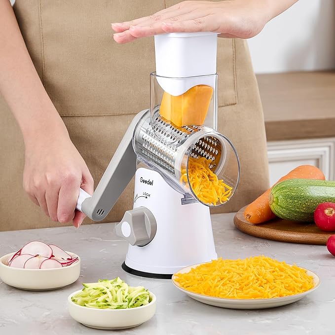 Geedel Rotary Cheese Grater, Kitchen Mandoline Vegetable Slicer with 3 Interchangeable Blades, Easy to Clean Rotary Grater Slicer for Fruit, Vegetables, Nuts - Image 8