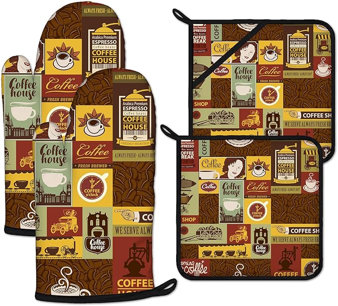 Coffee Theme Oven Mitts and Pot Holders Sets Heat Resistant 4Pcs Potholders Oven Gloves Hot Pads for Kitchen Baking Cooking Grilling BBQ