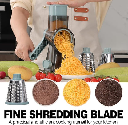 Cheese Grater Cheese Shredder with 3 Interchangeable Blades, Rotary Cheese Grater Manual Vegetable Slicer with Non-slip Suction Base Peanut Nuts Grinder Vegetable Shredder Clear - Image 2