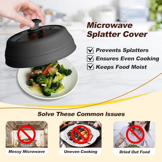 Microwave Splatter cover, Glass Microwave Cover for Food, 11.8 inch Guard Lid with Collapsible Silicone for 6-11 inch Plates & Bowls, Dishwasher Safe, 450°F Heat Resistant, BPA-Free, Black